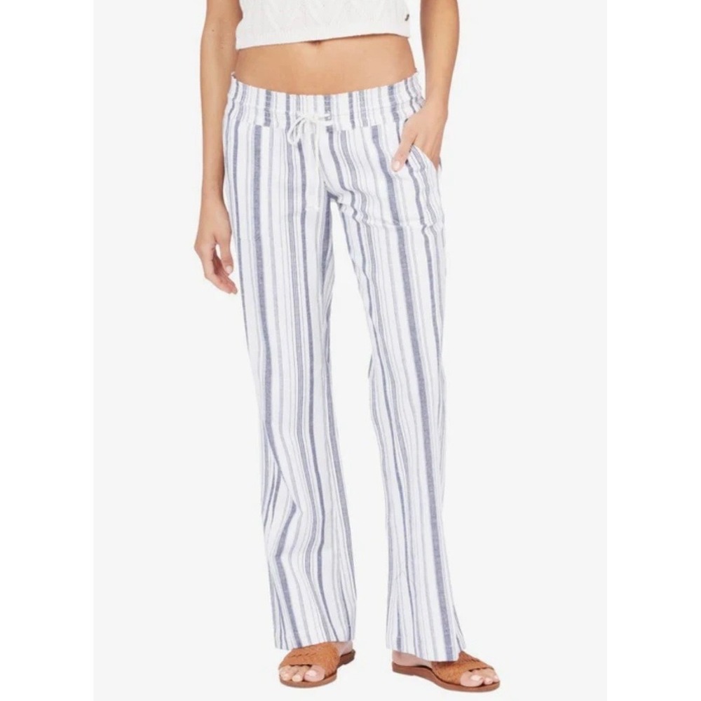 Roxy Oceanside Striped Wide-Leg Beach Pants Blue White XL Cotton Linen NWOT